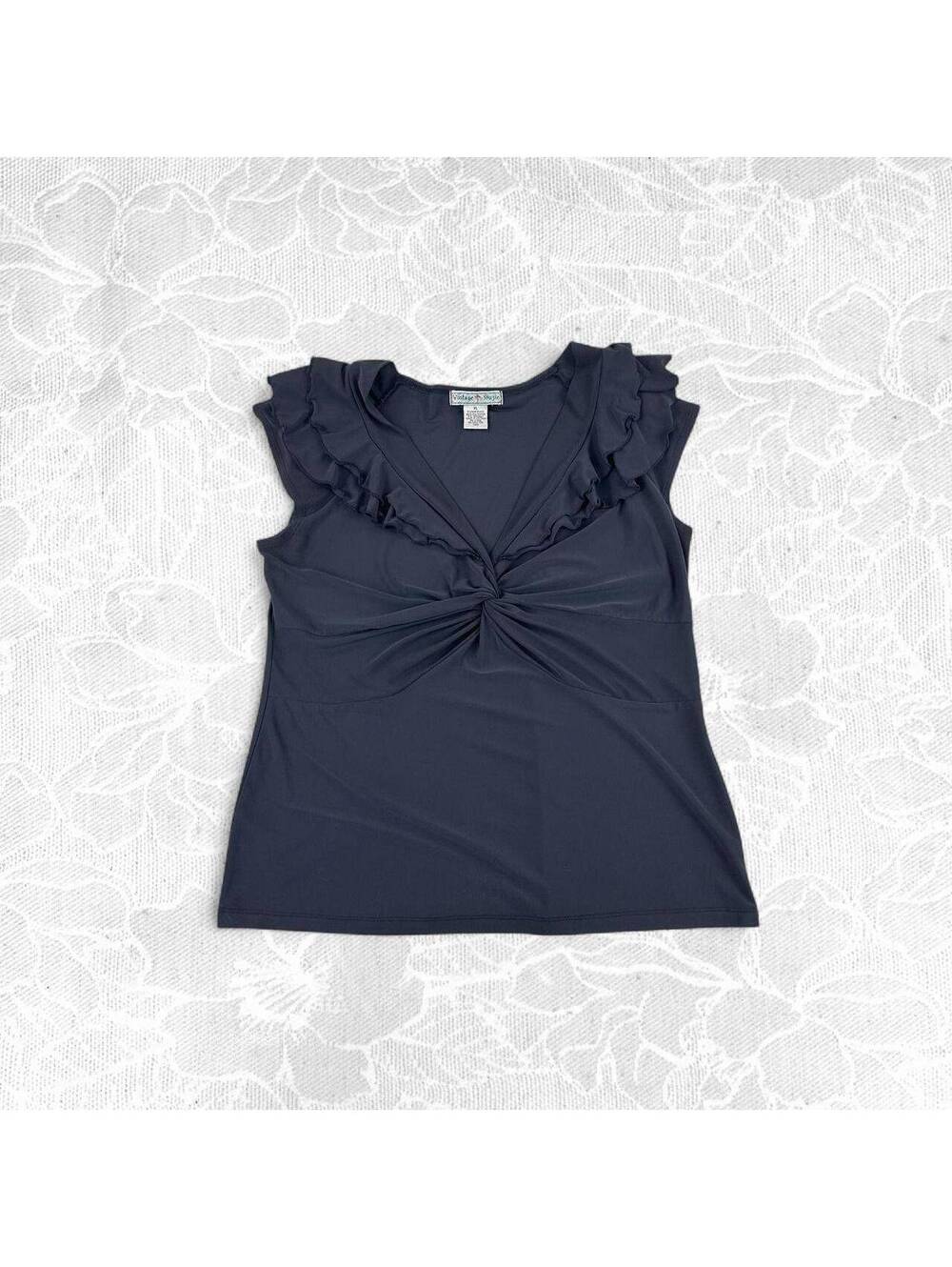 Vintage Suzie Soft Black Ruffle Neckline Twist Front Sleeveless Blouse - XL
